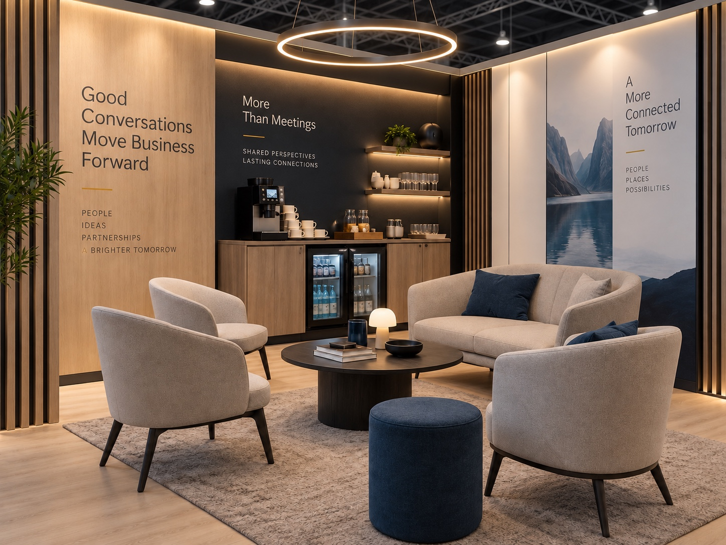 Hospitality and networking area inside an exhibition stand